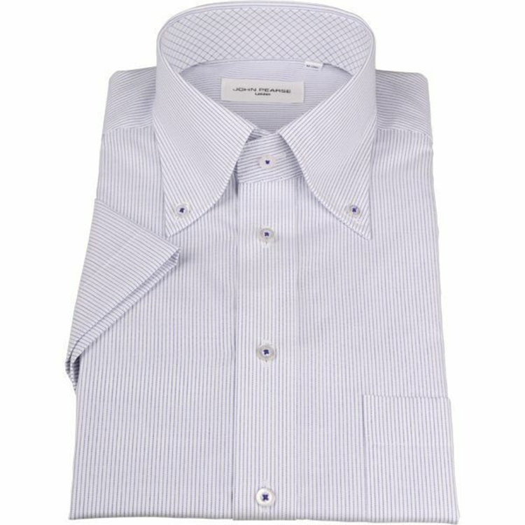 ジョンピアース 【半袖】【JOHN PEARSE White】【形態安定】ボタンダウンドレスシャツ/ホワイト×ブルーストライプ/襟裏別布/釦付糸：ブルー/Oil guard ブルー系(青)