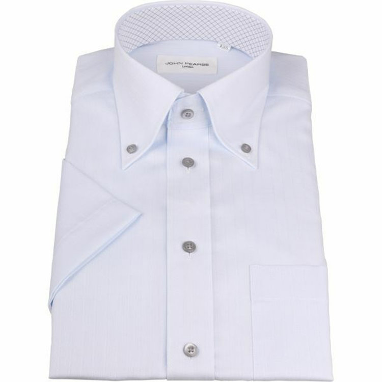 ジョンピアース 【半袖】【JOHN PEARSE White】【形態安定】ボタンダウンドレスシャツ/ブルー×ドビーストライプ/襟裏別布/釦・釦付糸：グレー/Oil guard ブルー系(青)