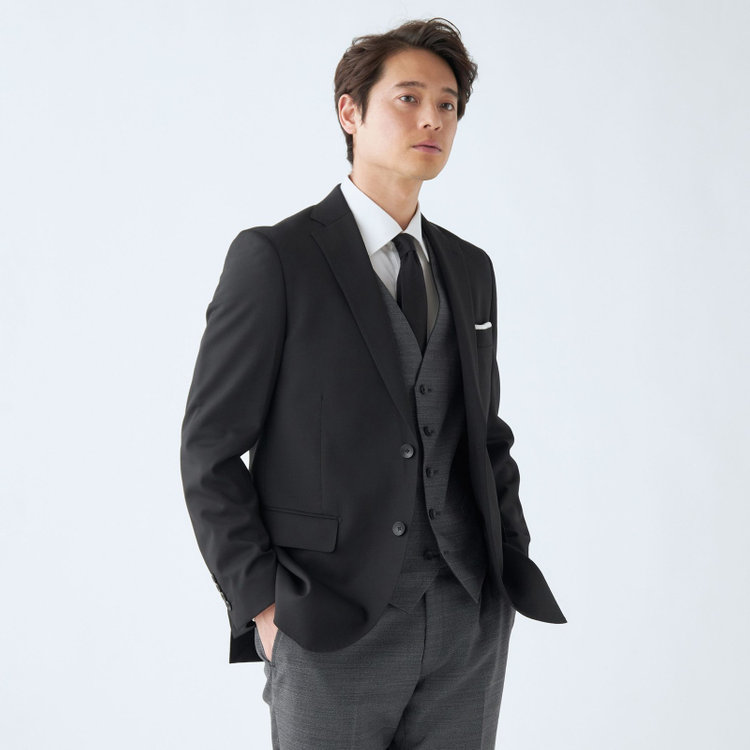 ＪＰ コンフォート 【JOHN PEARSE comfort】【年間】7WAY コーディネイトパンツ付き/2釦シングルスリーピーススーツ ショートタック/ブラック×ツイル+グレーパンツ/ULTRA MOVE/ウエストシャーリング/ウォッシャブル/ストレッチ/※裾上げ必要 黒