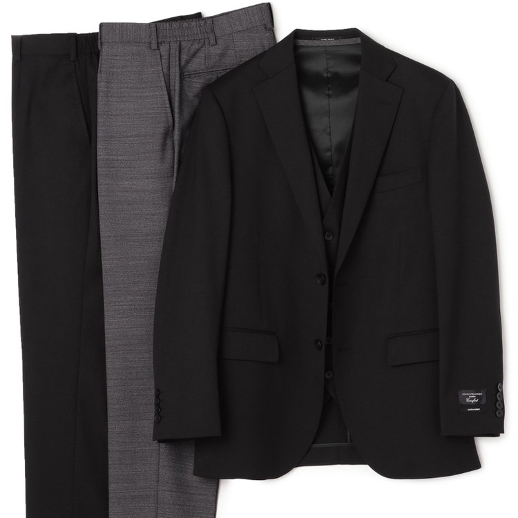 ＪＰ コンフォート 【JOHN PEARSE comfort】【年間】7WAY コーディネイトパンツ付き/2釦シングルスリーピーススーツ ショートタック/ブラック×ツイル+グレーパンツ/ULTRA MOVE/ウエストシャーリング/ウォッシャブル/ストレッチ/※裾上げ必要 黒