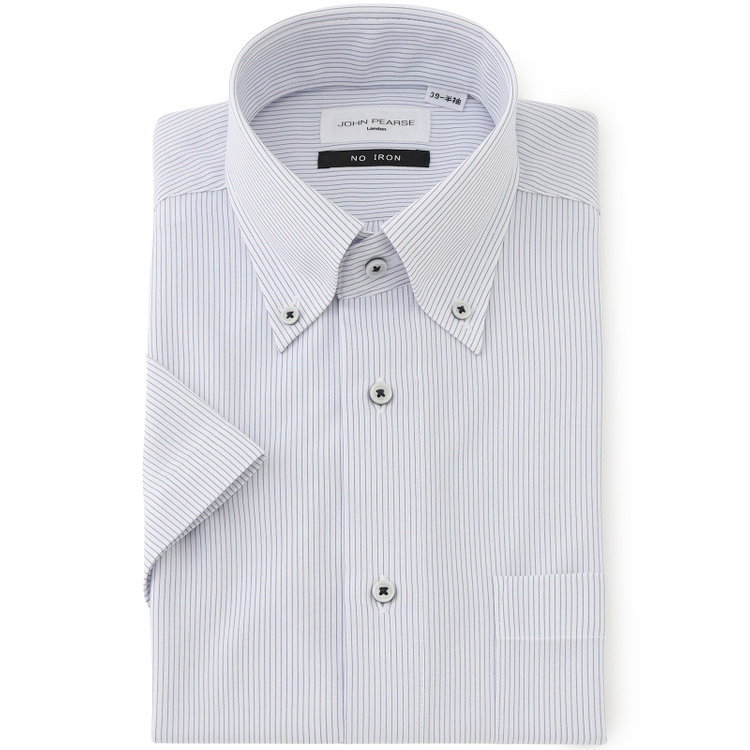 ジョンピアース 【半袖】【JOHN PEARSE White】【ノーアイロン】ボタンダウンドレスワイシャツ/ホワイト×ネイビーストライプ/ULTRA MOVE/ニット素材 青濃色