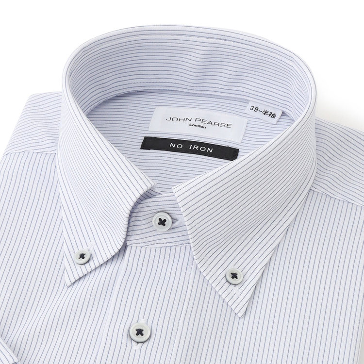 ジョンピアース 【半袖】【JOHN PEARSE White】【ノーアイロン】ボタンダウンドレスワイシャツ/ホワイト×ネイビーストライプ/ULTRA MOVE/ニット素材 青濃色