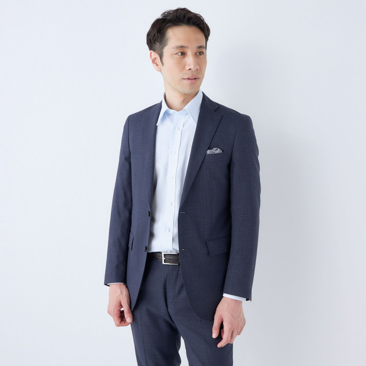 ＪＰ コンフォート 【JOHN PEARSE comfort】【春夏】2釦シングルスーツ ショートタック/ネイビー×千鳥柄/REAL NAVY/NEW ZEALAND WOOLSHOWER CLEAN/SustainaBee Wool/※裾上げ必要 青中間