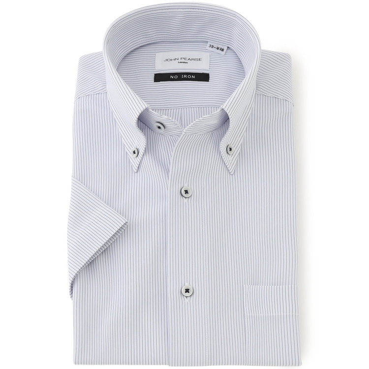 ジョンピアース 【半袖】【JOHN PEARSE White】【ノーアイロン】ボタンダウンドレスワイシャツ/ホワイト×ネイビーストライプ/ULTRA MOVE/ニット素材 青濃色