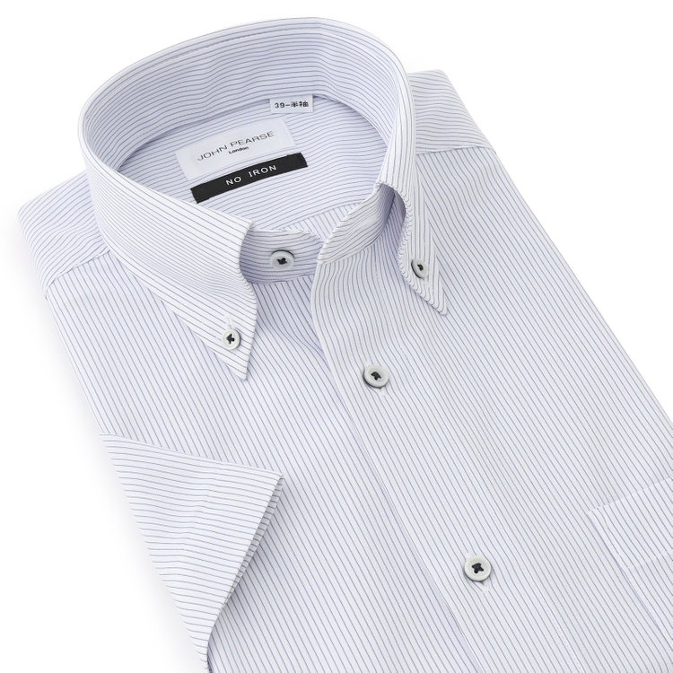 ジョンピアース 【半袖】【JOHN PEARSE White】【ノーアイロン】ボタンダウンドレスワイシャツ/ホワイト×ネイビーストライプ/ULTRA MOVE/ニット素材 青濃色