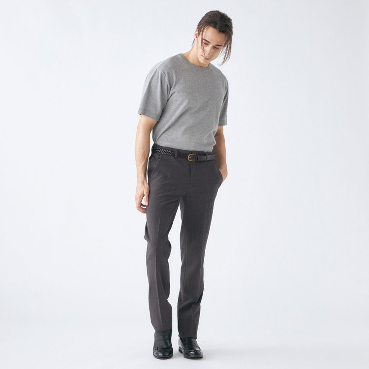 スタンリーブラッカ 【stanley blacker new york】【春夏】0タックテーパードパンツ/グレー×ストレッチサッカー/ウエストムーブ仕様/※裾上げ必要 グレー濃色