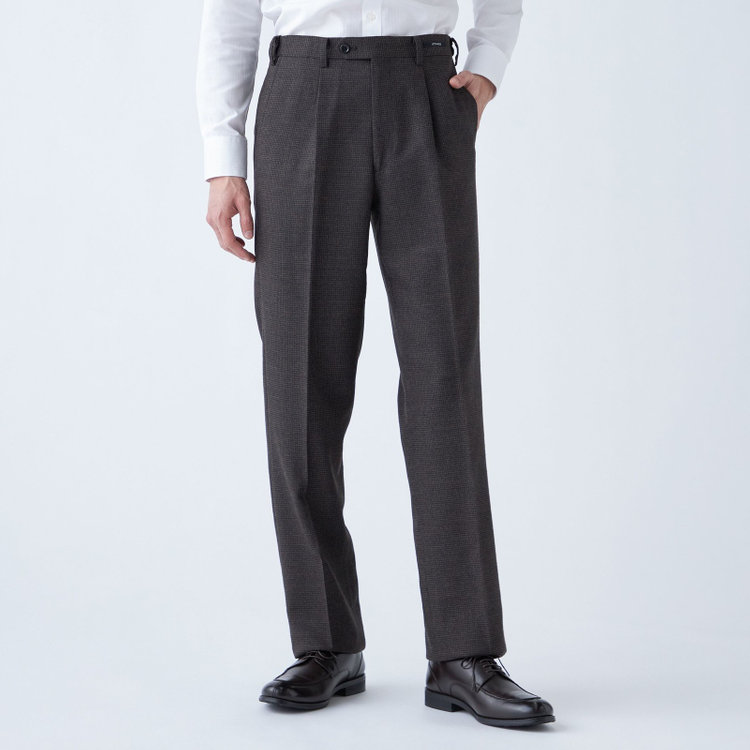 ジョンピアース 【JOHN PEARSE White】【秋冬】ウール高機能ポリエステルブレンド 1タックスラックス/ブラウン×ハウンドトゥース/ウエストムーブ仕様/ULTRA MOVE//裾上げ必要 茶中間