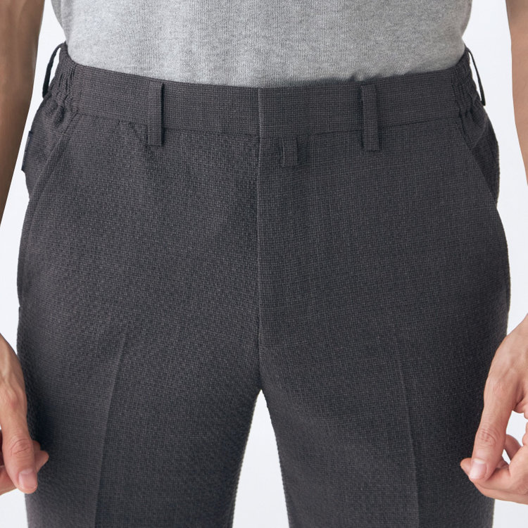 スタンリーブラッカ 【stanley blacker new york】【春夏】0タックテーパードパンツ/グレー×ストレッチサッカー/ウエストムーブ仕様/※裾上げ必要 グレー濃色