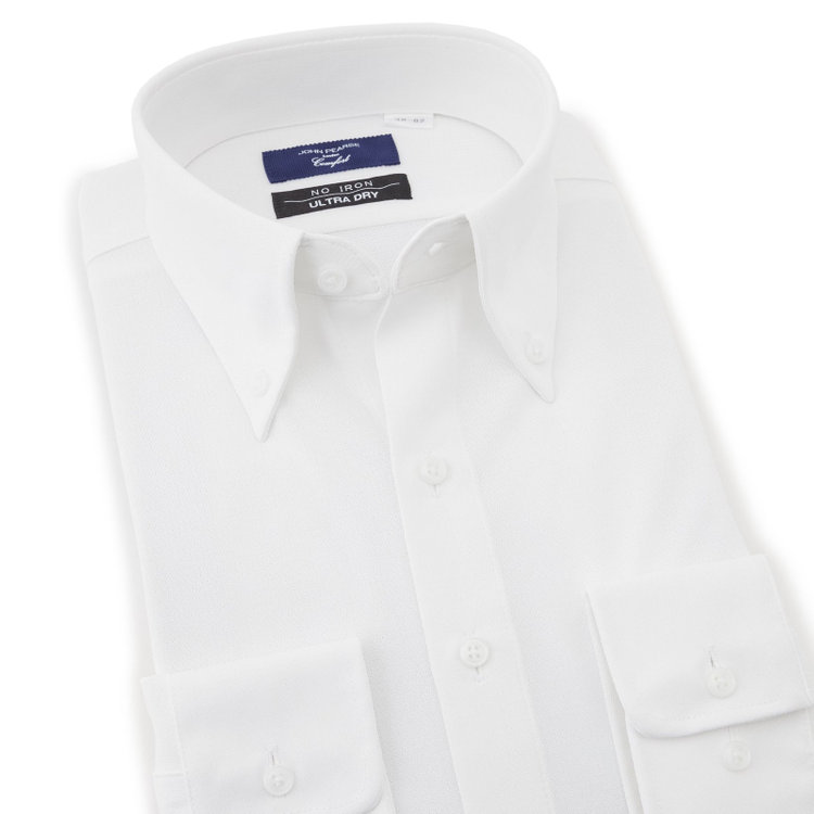 ＪＰコンフォート ネイビー 【JOHN PEARSE comfort navy】ボタンダウンカラーワイシャツ/ホワイト×ドビー/ULTRA MOVE「ニット素材」「ノーアイロン」「ストレッチ」「高通気性」/ULTRA DRY「吸水速乾」「汗ジミ抑制」 白