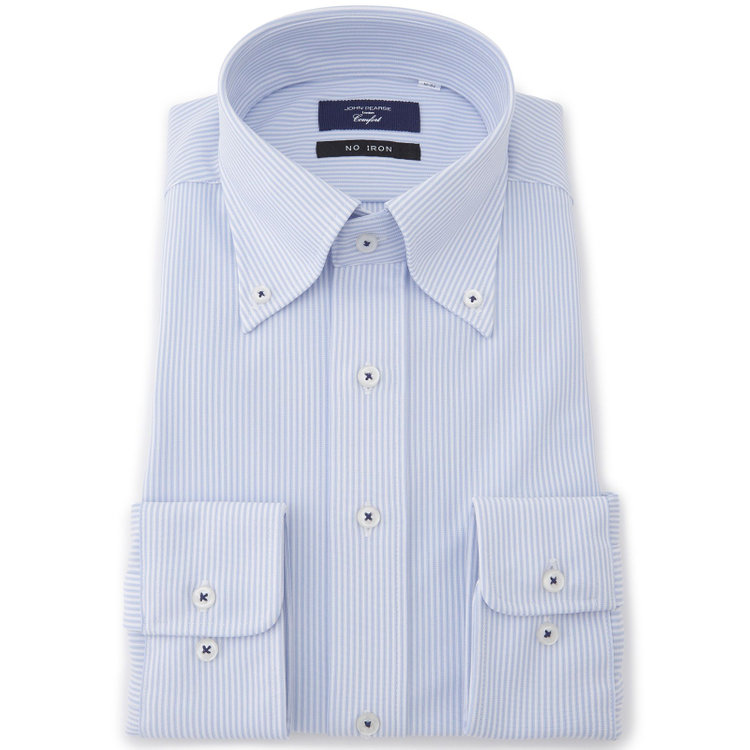 ＪＰコンフォート ネイビー 【JOHN PEARSE comfort navy】ボタンダウンカラーワイシャツ/ブルー×ストライプ/ULTRA MOVE「ニット素材」「ノーアイロン」「ストレッチ」「高通気性」 青淡色
