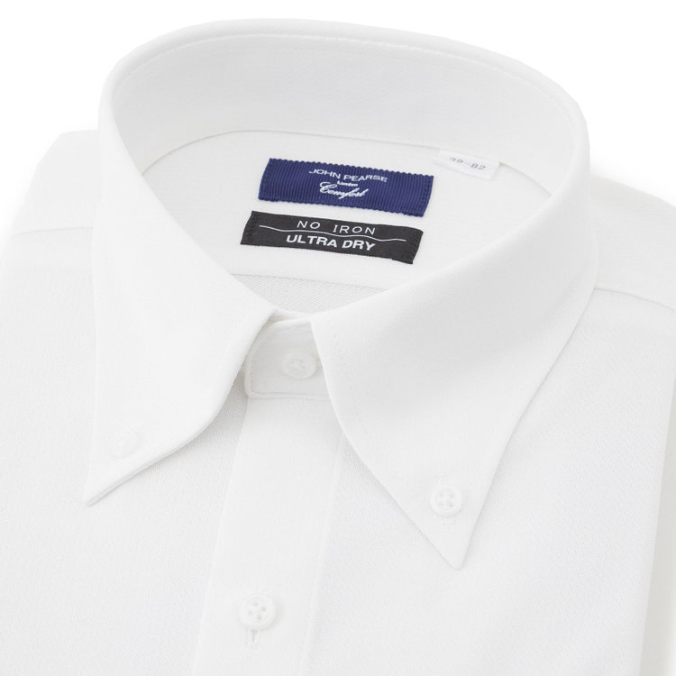 ＪＰコンフォート ネイビー 【JOHN PEARSE comfort navy】ボタンダウンカラーワイシャツ/ホワイト×ドビー/ULTRA MOVE「ニット素材」「ノーアイロン」「ストレッチ」「高通気性」/ULTRA DRY「吸水速乾」「汗ジミ抑制」 白