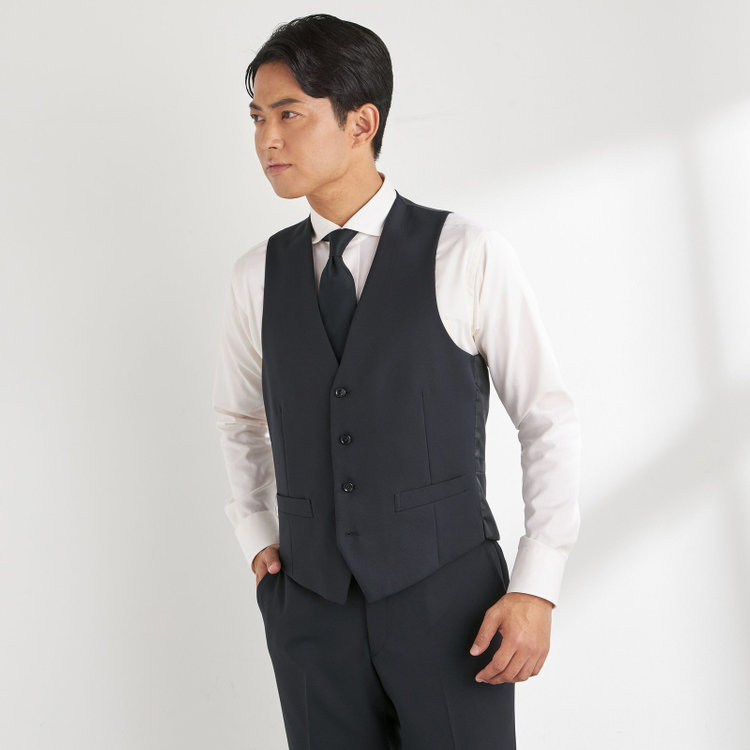 ＵＮＰＲＥＳＳＵＲＥ 【Unpressure】【年間】スリーピース2釦シングルスーツ 0タック/ネイビー×シャドーツイル/ウォッシャブルパンツ/※裾直し必要 紺濃色