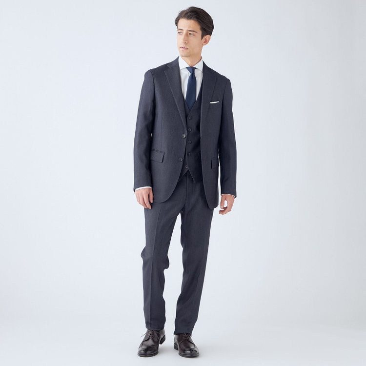 ＪＰ コンフォート 【JOHN PEARSE comfort】【年間】2釦シングルスリーピーススーツ ショートタック/ネイビー/ウエストシャーリング仕様/「ULTRA MOVE」ストレッチ・ウォッシャブル/※裾上げ必要 青中間