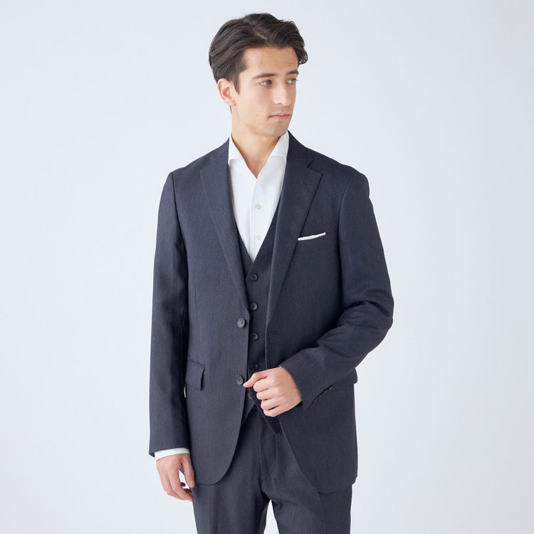 ＪＰ コンフォート 【JOHN PEARSE comfort】【年間】2釦シングルスリーピーススーツ ショートタック/ネイビー/ウエストシャーリング仕様/「ULTRA MOVE」ストレッチ・ウォッシャブル/※裾上げ必要 青中間