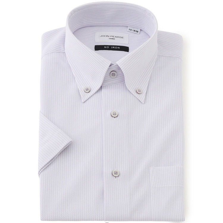 ジョンピアース 【半袖】【JOHN PEARSE White】【ノーアイロン】ボタンダウンドレスワイシャツ/ラベンダー×ドビーストライプ/ULTRA MOVE/ニット素材 紫中間
