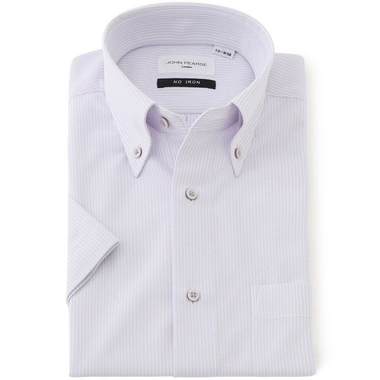 ジョンピアース 【半袖】【JOHN PEARSE White】【ノーアイロン】ボタンダウンドレスワイシャツ/ラベンダー×ドビーストライプ/ULTRA MOVE/ニット素材 紫中間