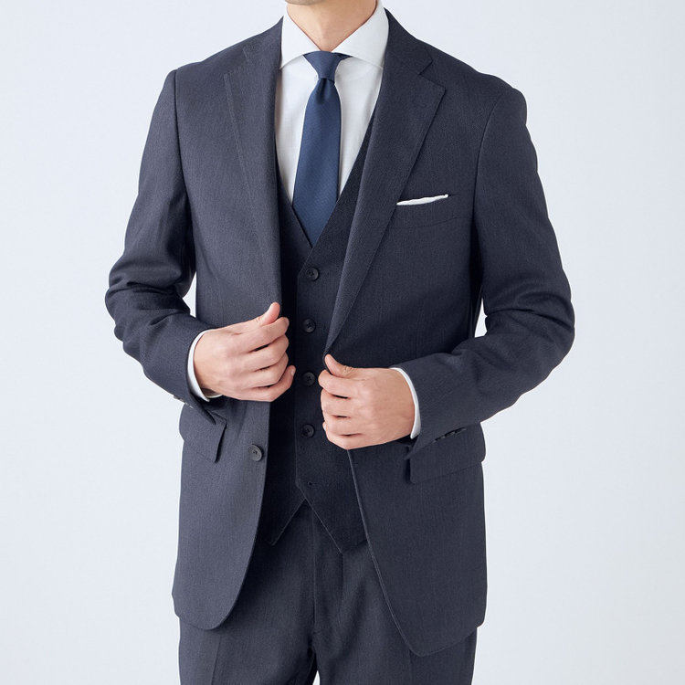 ＪＰ コンフォート 【JOHN PEARSE comfort】【年間】2釦シングルスリーピーススーツ ショートタック/ネイビー/ウエストシャーリング仕様/「ULTRA MOVE」ストレッチ・ウォッシャブル/※裾上げ必要 青中間