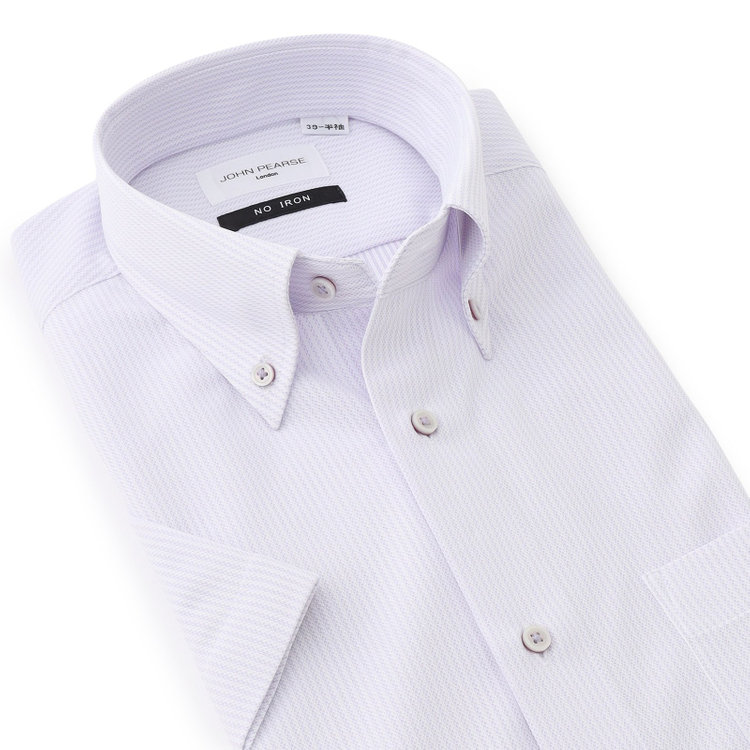 ジョンピアース 【半袖】【JOHN PEARSE White】【ノーアイロン】ボタンダウンドレスワイシャツ/ラベンダー×ドビーストライプ/ULTRA MOVE/ニット素材 紫中間