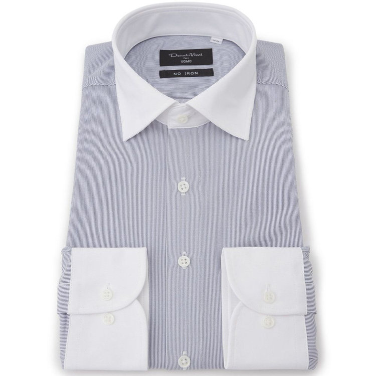 ドナートヴィンチウォモ 【Donato Vinci Italy Uomo】【ノーアイロン】クレリックワイドカラーワイシャツ/ネイビー×ストライプ/ULTRA MOVE/オイルガード/ニット素材 紺中間