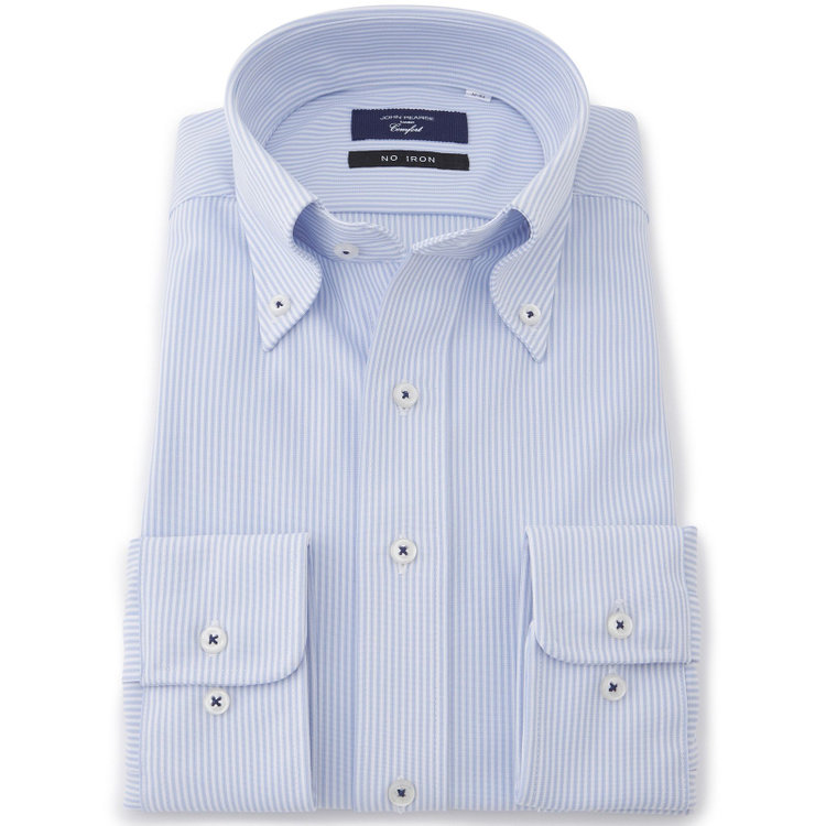 ＪＰコンフォート ネイビー 【JOHN PEARSE comfort navy】ボタンダウンカラーワイシャツ/ブルー×ストライプ/ULTRA MOVE「ニット素材」「ノーアイロン」「ストレッチ」「高通気性」 青淡色