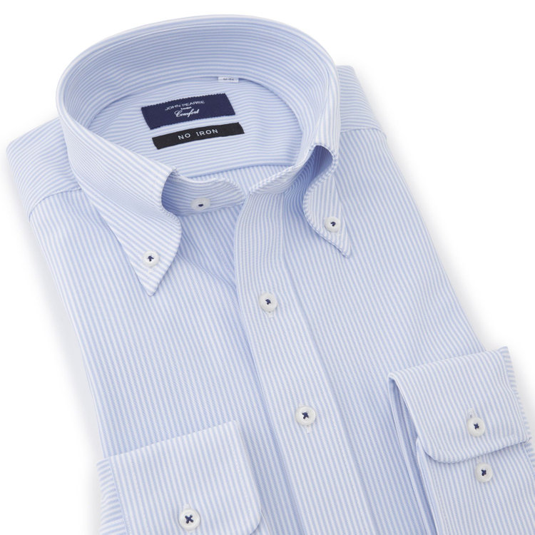 ＪＰコンフォート ネイビー 【JOHN PEARSE comfort navy】ボタンダウンカラーワイシャツ/ブルー×ストライプ/ULTRA MOVE「ニット素材」「ノーアイロン」「ストレッチ」「高通気性」 青淡色
