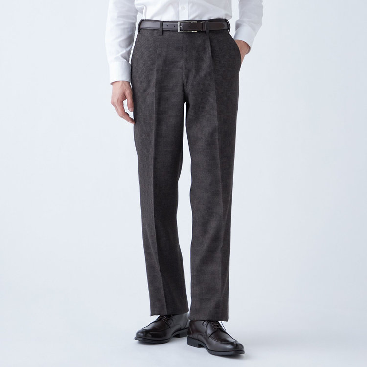 ジョンピアース 【JOHN PEARSE White】【秋冬】ウール高機能ポリエステルブレンド 1タックスラックス/ブラウン×ハウンドトゥース/ウエストムーブ仕様/ULTRA MOVE//裾上げ必要 茶中間