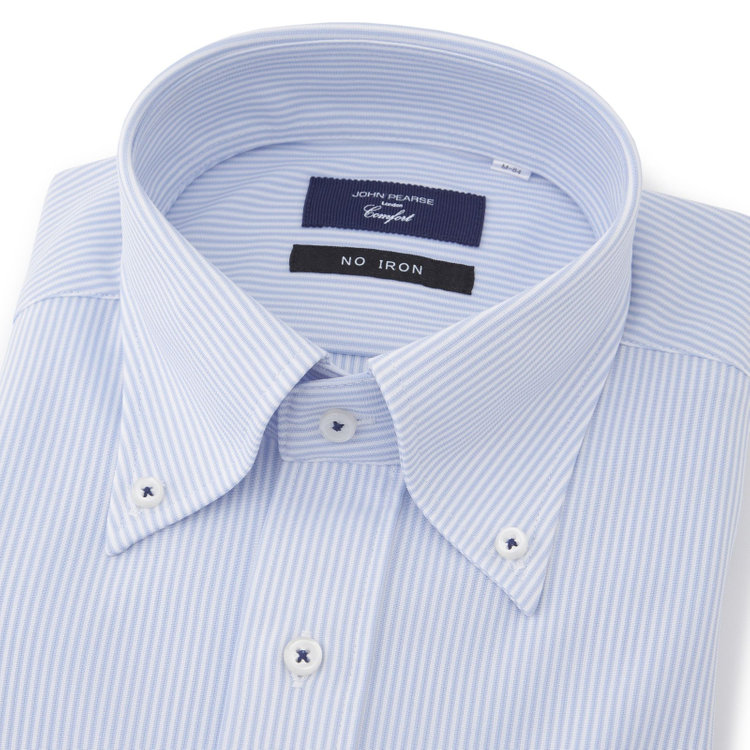 ＪＰコンフォート ネイビー 【JOHN PEARSE comfort navy】ボタンダウンカラーワイシャツ/ブルー×ストライプ/ULTRA MOVE「ニット素材」「ノーアイロン」「ストレッチ」「高通気性」 青淡色