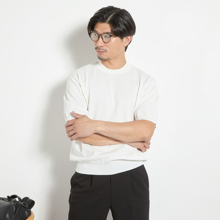 ジョンピアース 【JOHN PEARSE comfort navy】【半袖】ニットTシャツ/ホワイト 白