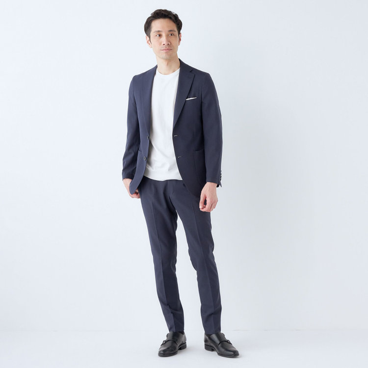 ＪＰ コンフォート 【JOHN PEARSE comfort】【春夏】2釦シングルスーツ ショートタック/ネイビー/パッチポケット/ウエストシャーリング仕様/※パンツ裾上げ済み仕様 紺濃色