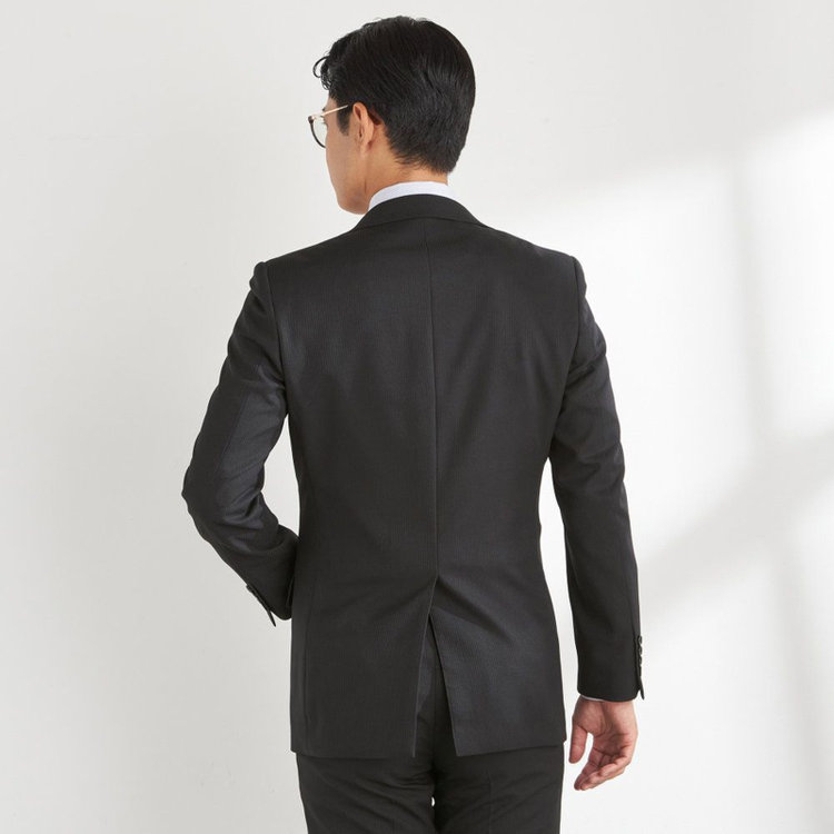 ハイスペックモーション 【HIGH SPEC MOTION】【年間】2釦シングルスーツ 0タック/ブラック×シャドーストライプ/パンツウォシャブル/※裾上げ必要 黒