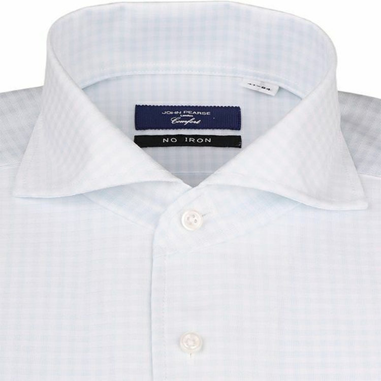 ＪＰコンフォート ネイビー 【JOHN PEARSE comfort navy】【ノーアイロン】ホリゾンタルワイドワンピースカラードレスワイシャツ/ホワイト＆サックス×チェック/ULTRA MOVE/ニット素材 ブルー系(青)