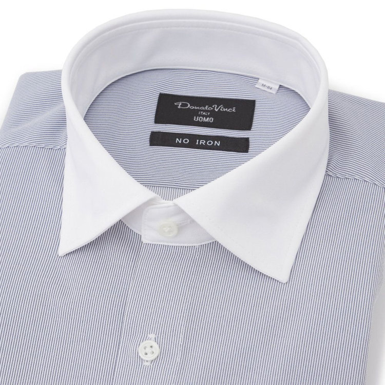 ドナートヴィンチウォモ 【Donato Vinci Italy Uomo】【ノーアイロン】クレリックワイドカラーワイシャツ/ネイビー×ストライプ/ULTRA MOVE/オイルガード/ニット素材 紺中間