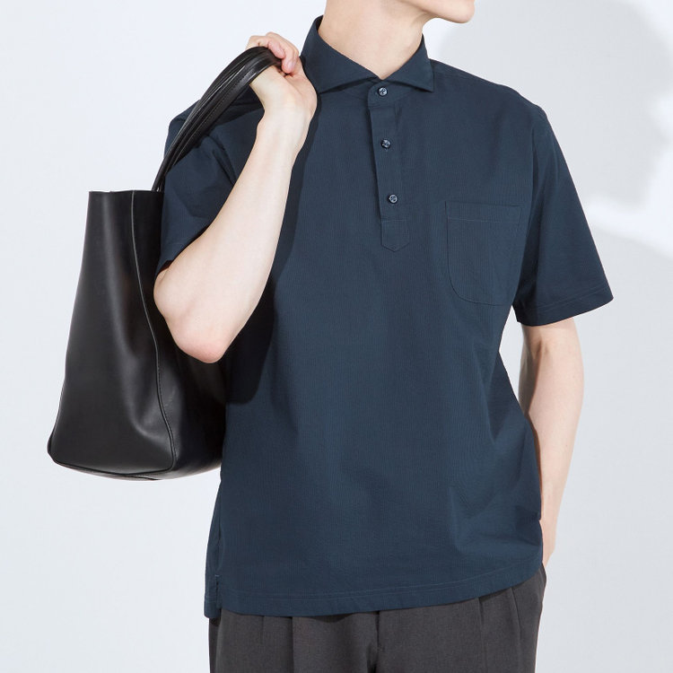 ＪＰコンフォート ネイビー 【半袖】【JOHN PEARSE comfort navy】ホリゾンタルワイドビズポロシャツ プルオーバータイプ/ネイビー×シアサッカー 紺濃色