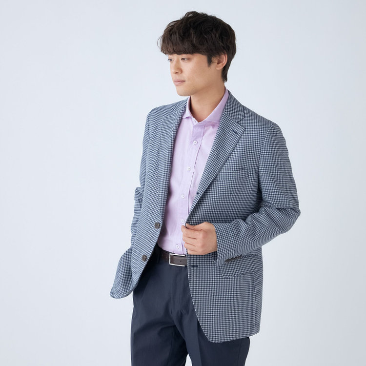 スタンリーブラッカ 【stanley blacker new york】【春夏】3釦段返りシングルジャケット/ネイビー＆サックス×ハウンドトゥース 紺中間