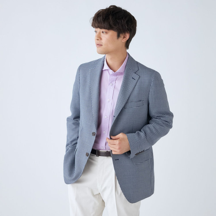 スタンリーブラッカ 【stanley blacker new york】【春夏】3釦段返りシングルジャケット/ネイビー＆サックス×ハウンドトゥース 紺中間