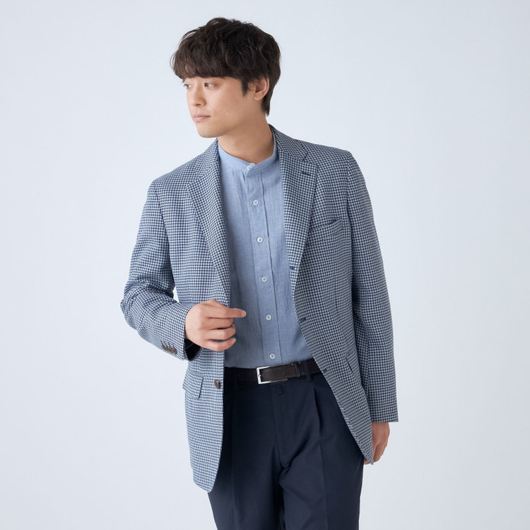 スタンリーブラッカ 【stanley blacker new york】【春夏】3釦段返りシングルジャケット/ネイビー＆サックス×ハウンドトゥース 紺中間