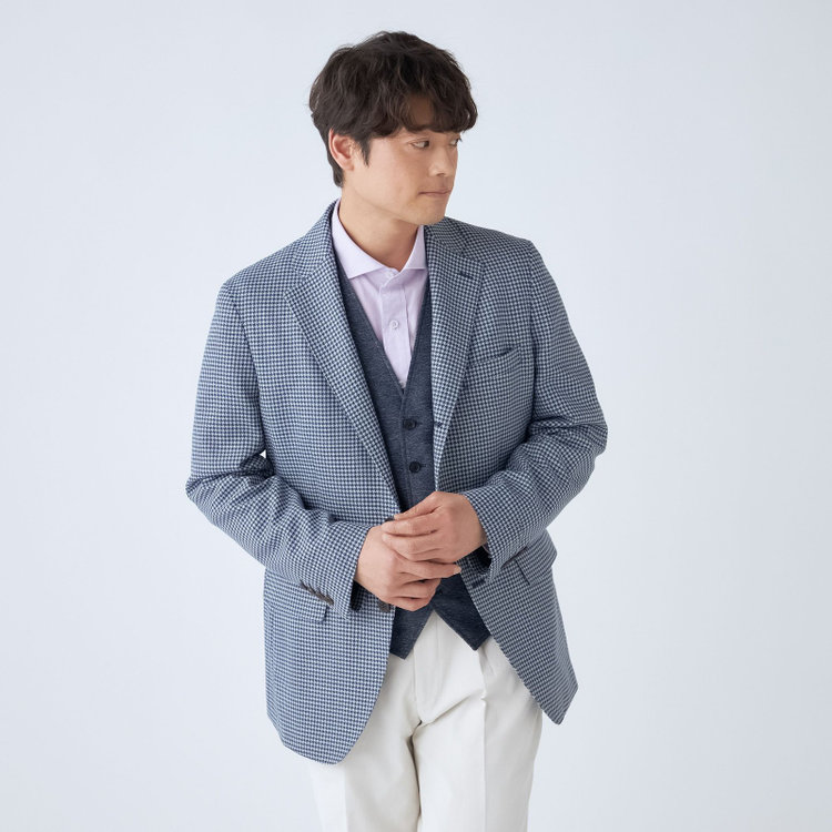 スタンリーブラッカ 【stanley blacker new york】【春夏】3釦段返りシングルジャケット/ネイビー＆サックス×ハウンドトゥース 紺中間