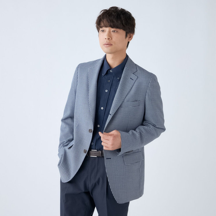 スタンリーブラッカ 【stanley blacker new york】【春夏】3釦段返りシングルジャケット/ネイビー＆サックス×ハウンドトゥース 紺中間