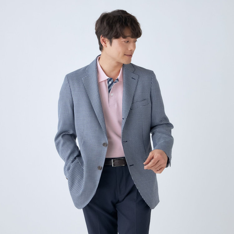 スタンリーブラッカ 【stanley blacker new york】【春夏】3釦段返りシングルジャケット/ネイビー＆サックス×ハウンドトゥース 紺中間