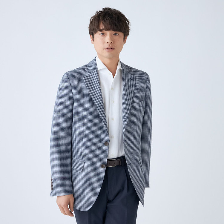 スタンリーブラッカ 【stanley blacker new york】【春夏】3釦段返りシングルジャケット/ネイビー＆サックス×ハウンドトゥース 紺中間