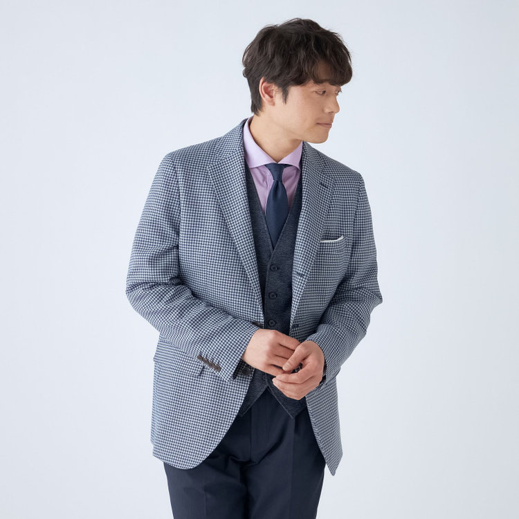 スタンリーブラッカ 【stanley blacker new york】【春夏】3釦段返りシングルジャケット/ネイビー＆サックス×ハウンドトゥース 紺中間