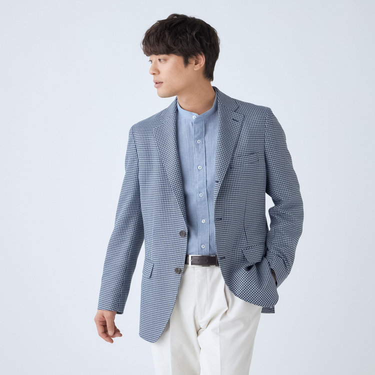 スタンリーブラッカ 【stanley blacker new york】【春夏】3釦段返りシングルジャケット/ネイビー＆サックス×ハウンドトゥース 紺中間