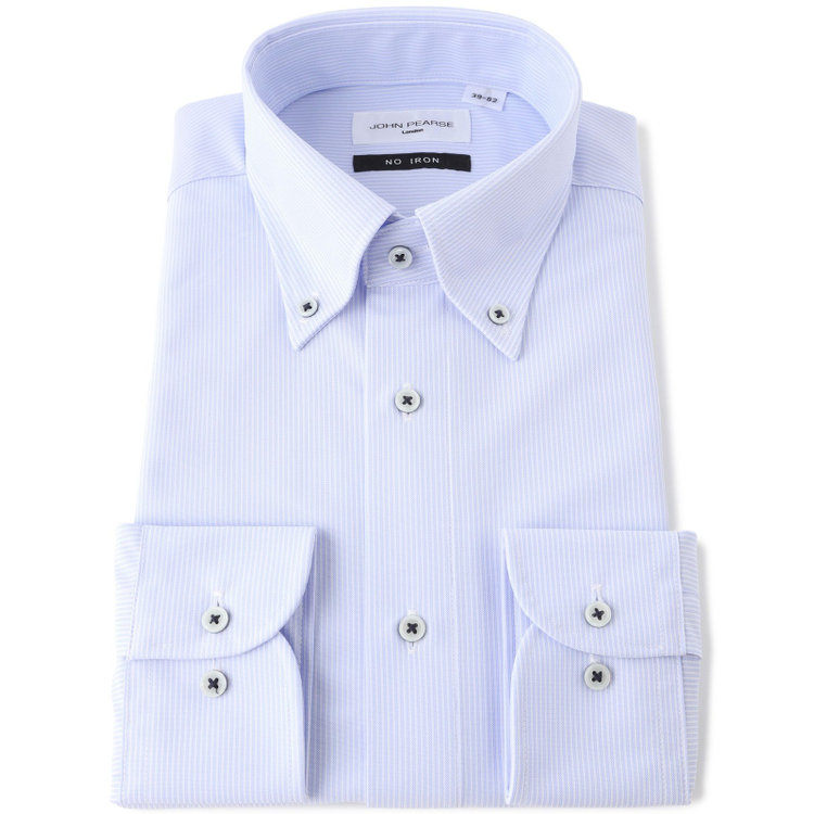 ジョンピアース 【JOHN PEARSE White】【ノーアイロン】ボタンダウンドレスワイシャツ/ブルー×ストライプ/釦付糸：ネイビー/ULTRA MOVE/ニット素材 青濃色