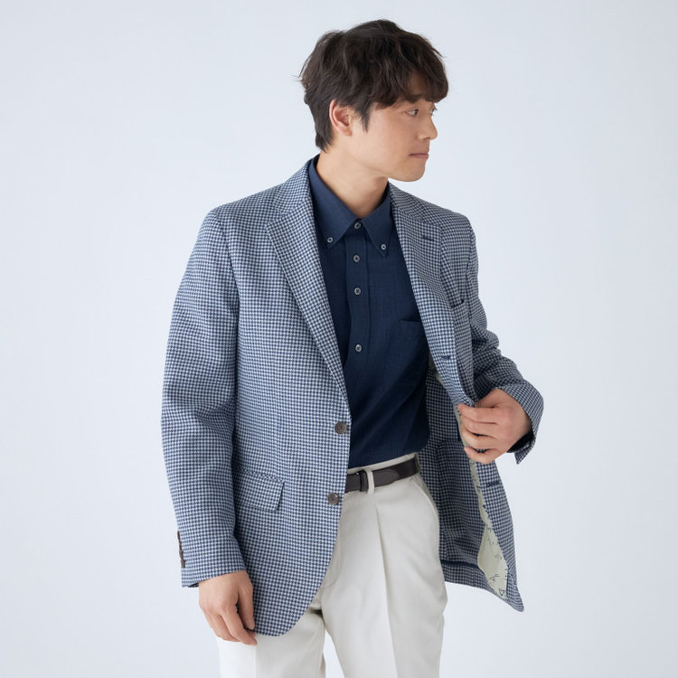 スタンリーブラッカ 【stanley blacker new york】【春夏】3釦段返りシングルジャケット/ネイビー＆サックス×ハウンドトゥース 紺中間