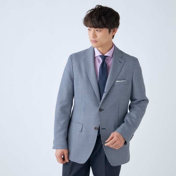 スタンリーブラッカ 【stanley blacker new york】【春夏】3釦段返りシングルジャケット/ネイビー＆サックス×ハウンドトゥース 紺中間