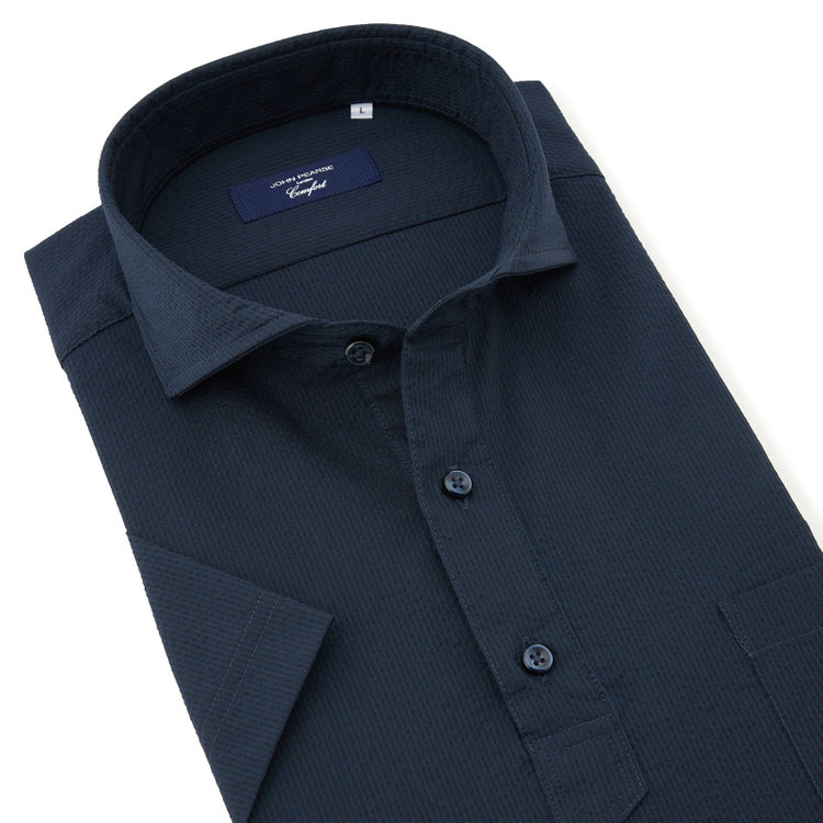 ＪＰコンフォート ネイビー 【半袖】【JOHN PEARSE comfort navy】ホリゾンタルワイドビズポロシャツ プルオーバータイプ/ネイビー×シアサッカー 紺濃色