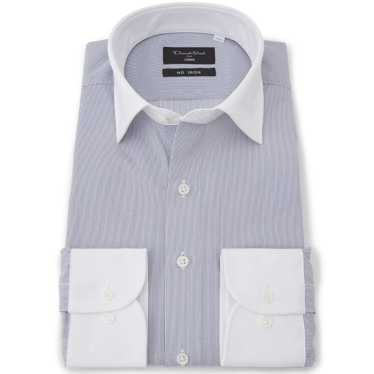 ドナートヴィンチウォモ 【Donato Vinci Italy Uomo】【ノーアイロン】クレリックワイドカラーワイシャツ/ネイビー×ストライプ/ULTRA MOVE/オイルガード/ニット素材 紺中間