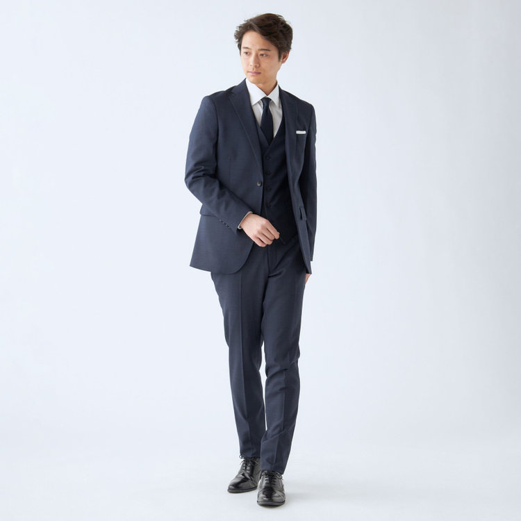 ＪＰ コンフォート 【JOHN PEARSE comfort】【年間】7WAY コーディネイトパンツ付き/2釦シングルスリーピーススーツ ショートタック/ネイビー×ソリッド+グレーパンツ/ウエストシャーリング/ウォッシャブル/ストレッチ/ULTRA MOVEM/※裾上げ必要 紺中間