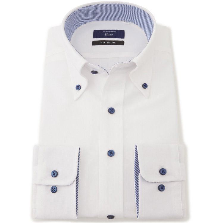 ＪＰコンフォート ネイビー 【JOHN PEARSE comfort navy】ボタンダウンカラーワイシャツ/ホワイト/襟裏別布：ストライプ/釦：ネイビー/ULTRA MOVE「ニット素材」「ノーアイロン」「ストレッチ」「高通気性」 白