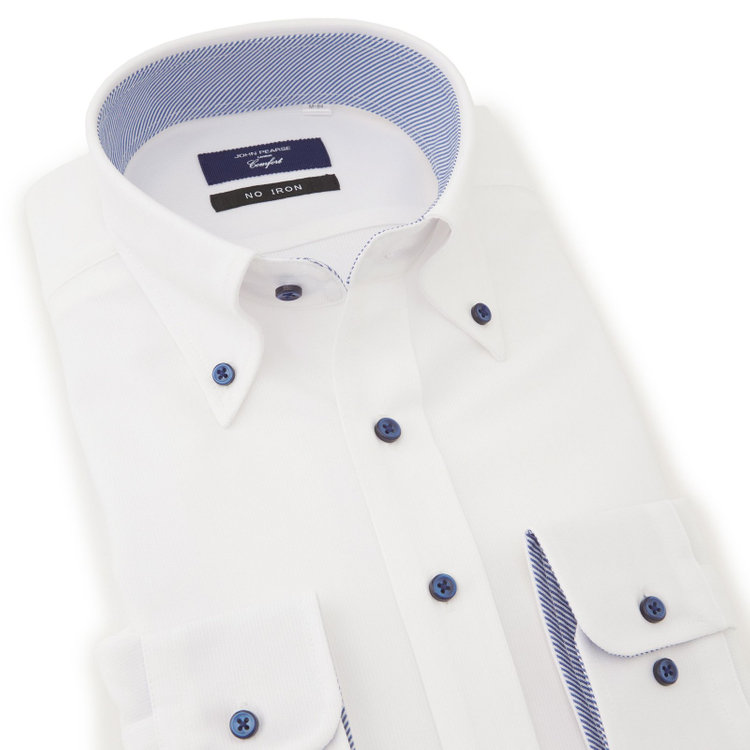 ＪＰコンフォート ネイビー 【JOHN PEARSE comfort navy】ボタンダウンカラーワイシャツ/ホワイト/襟裏別布：ストライプ/釦：ネイビー/ULTRA MOVE「ニット素材」「ノーアイロン」「ストレッチ」「高通気性」 白